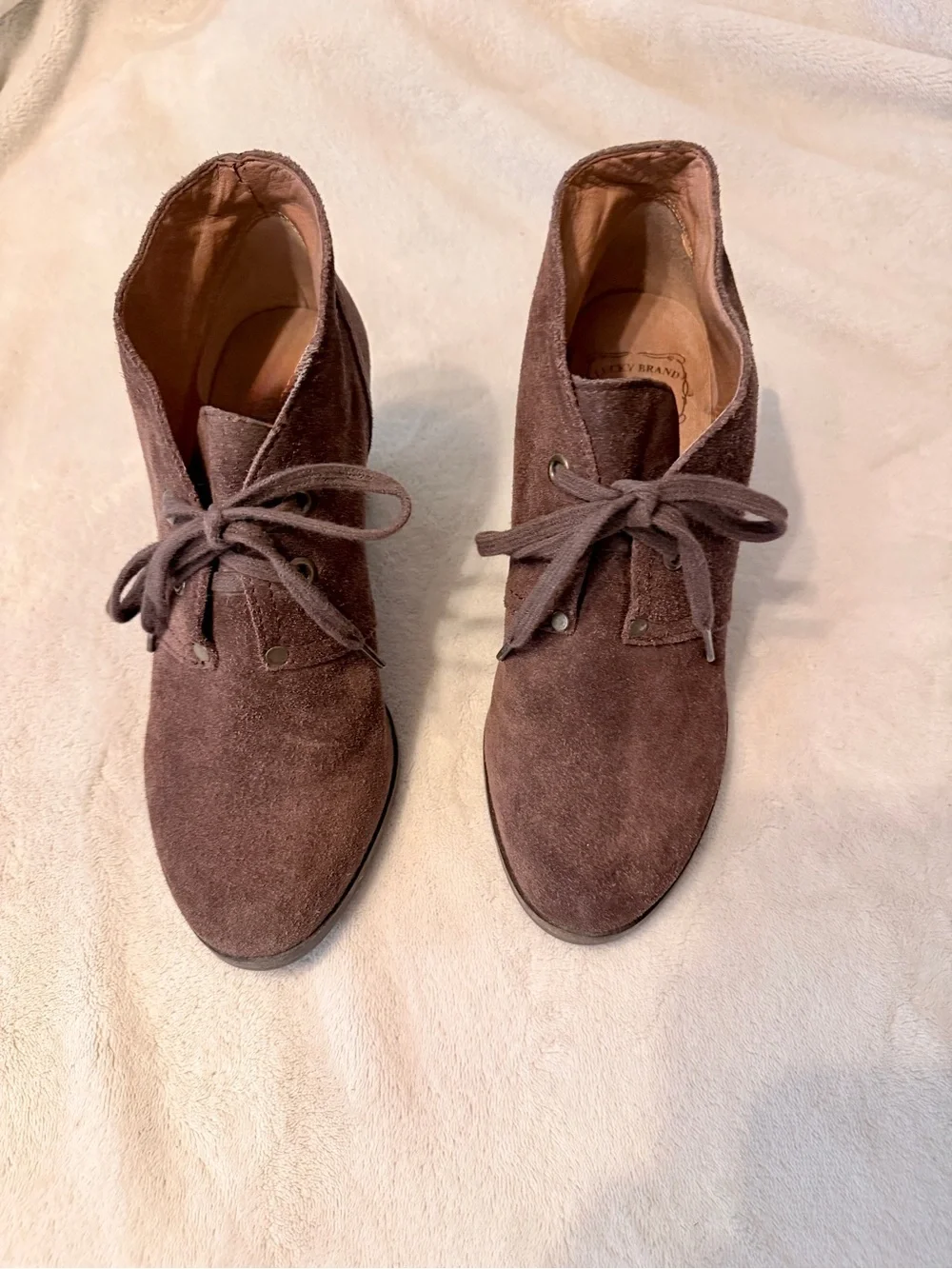 Lucky Brand Sz 7 LK-Sway Oiled Suede Wedge Booties Tobacco Brown Boho Festival